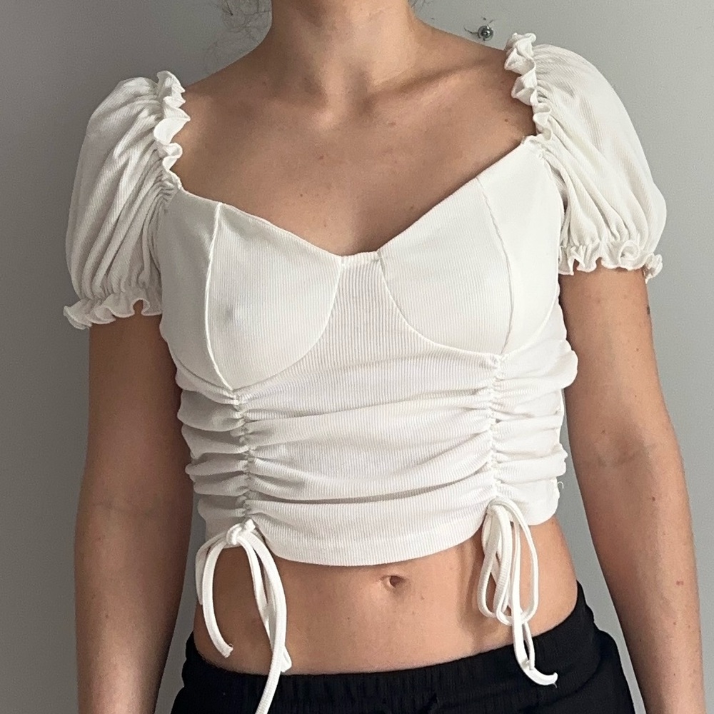 White Ruched Puff Sleeve Top